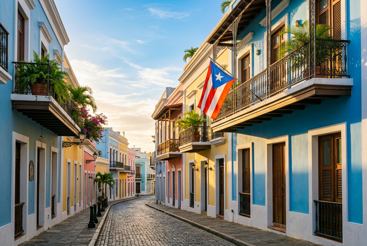 Illustrative AI-generated view inspired by Old San Juan, Puerto Rico, with colorful architecture and the Puerto Rican flag.