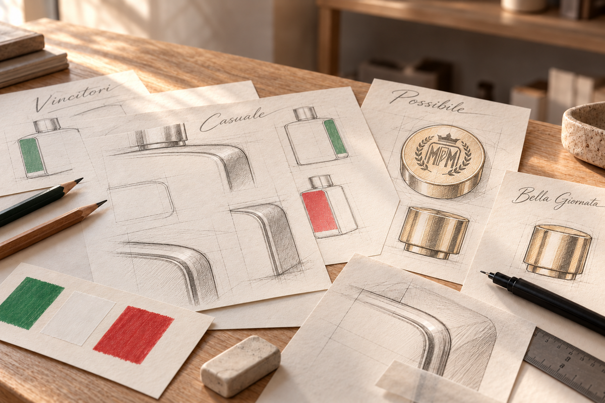 A designer's wooden desk with pencil sketches of rounded bottle contours and gold cap studies, the names Vincitori, Casuale, Possibile and Bella Giornata written by hand, and green, white and red colour swatches.