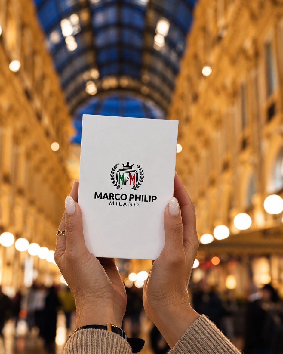 Hands holding a Marco Philip Milano box beneath the glass vault of the Galleria Vittorio Emanuele II in Milan